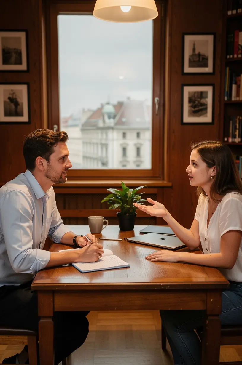 Pénzügyi tanácsadó bemutat egy személyre szabott, nyomtatható pénzügyi tervet, amely segíti az ügyfelet a hosszú távú anyagi stabilitás elérésében.